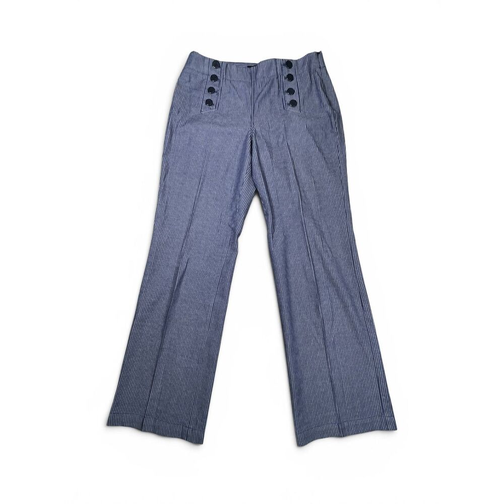 Talbots Women Blue Pinstripe Sailor Pants Size 4 Wide Leg Nautical Anchor Button